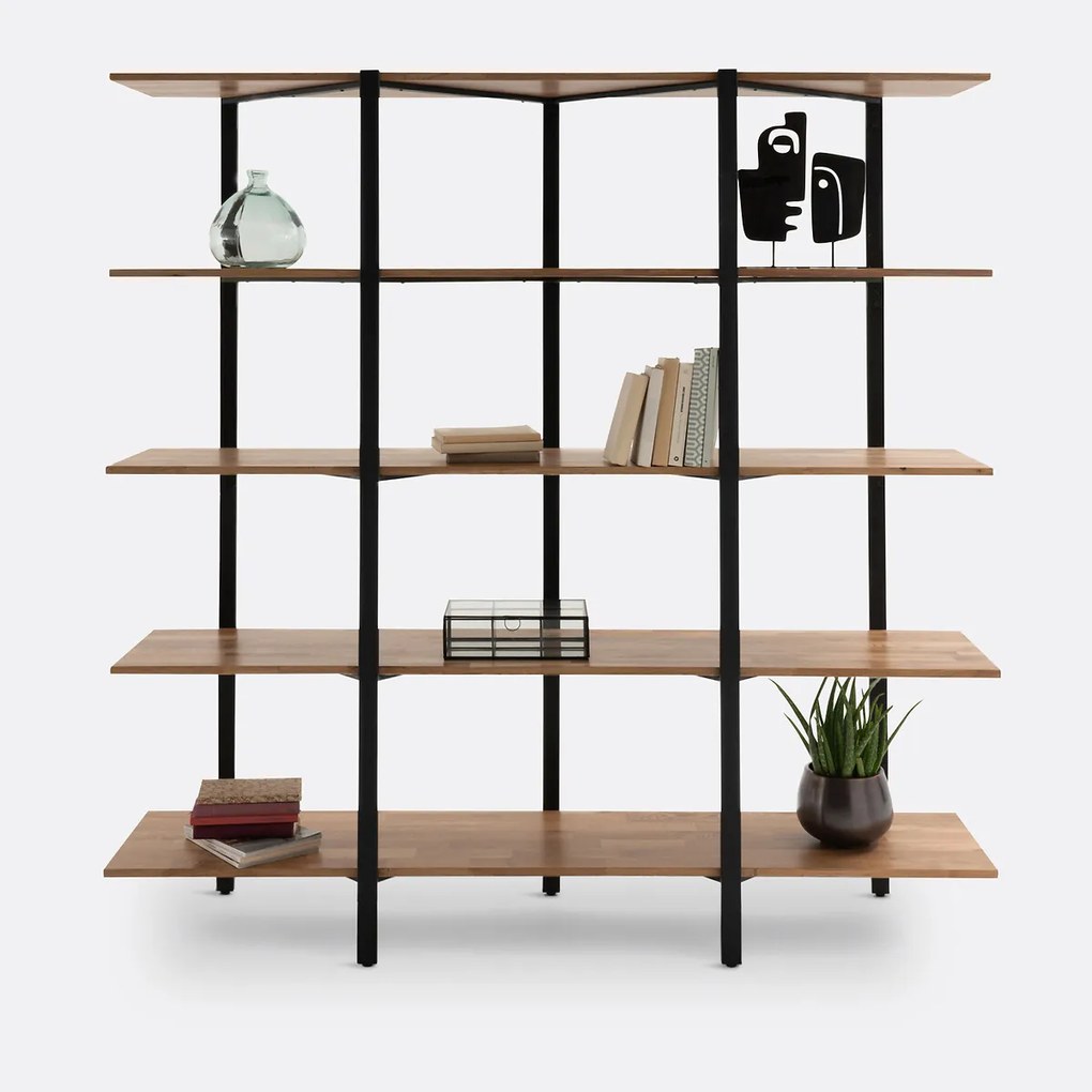 Boekenkast, massief eiken en staalmetaal, HIBA