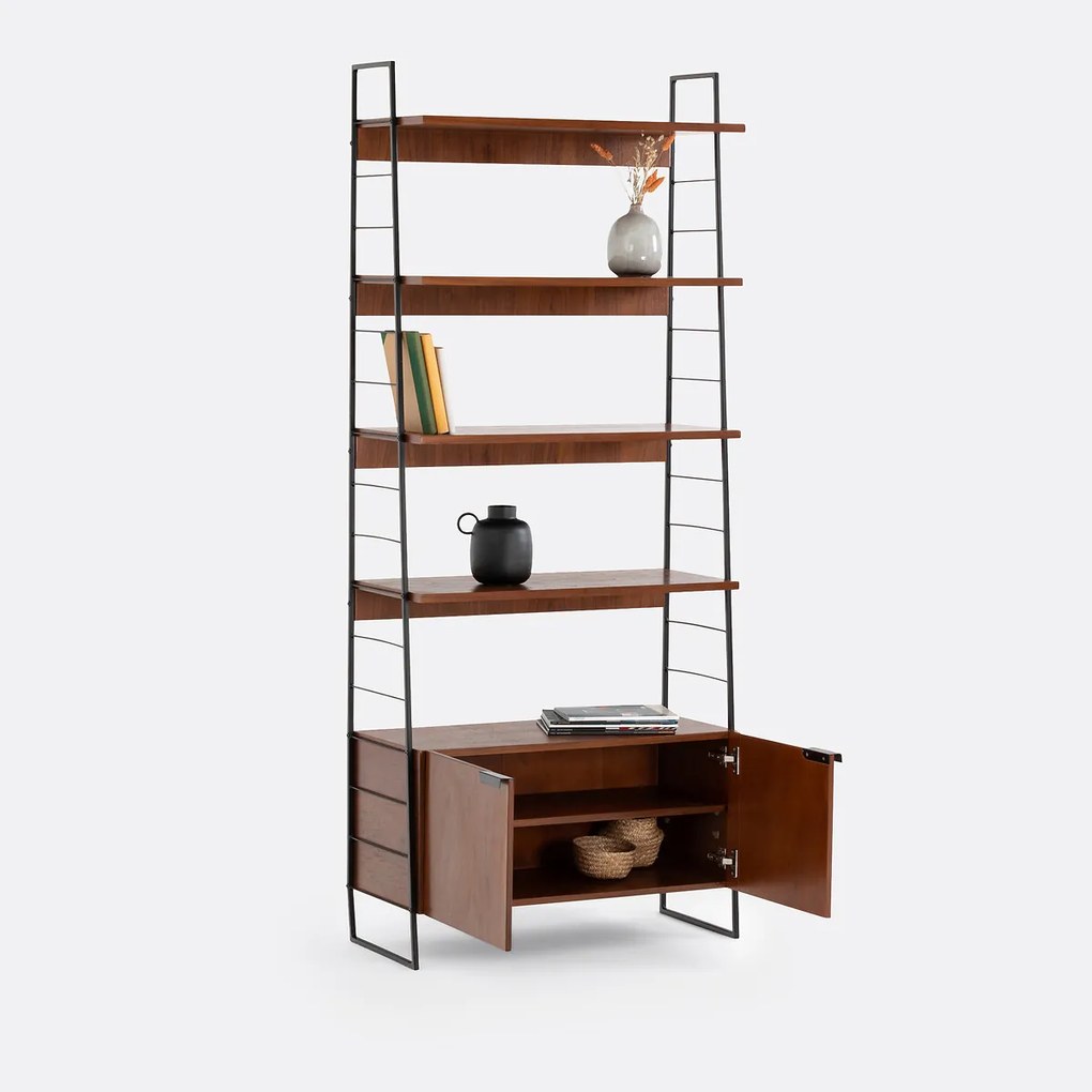 Vintage opbergrek in staal en notenhout, H190 cm, Watford