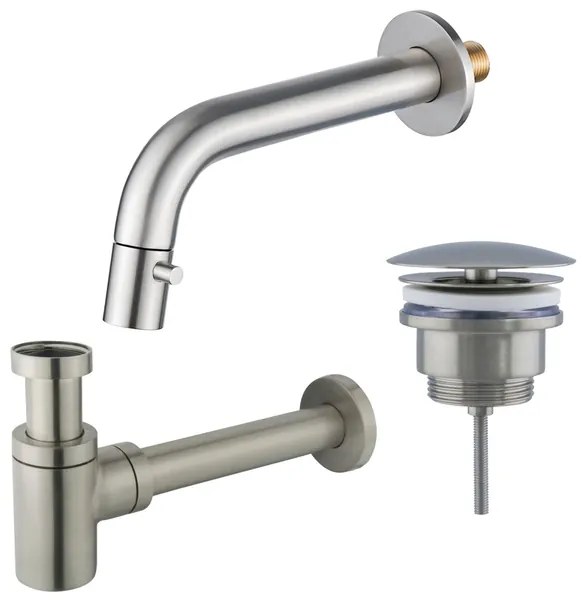 Fortifura Calvi Fonteinkraanset - inbouw - uitloop 18cm - inkortbaar - sifon - always open plug - Geborsteld RVS PVD (RVS) SW1108829/SW696217/SW696207