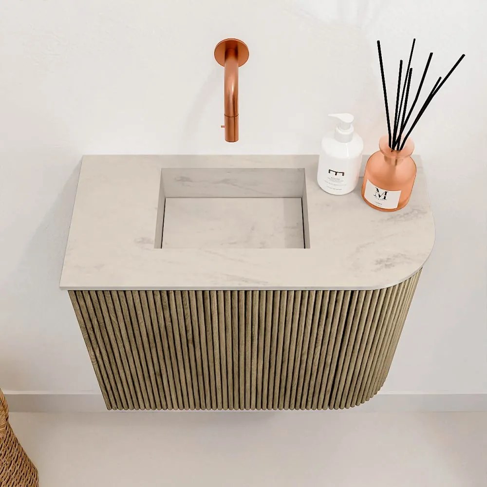 Mondiaz Joya DLux 50cm toiletmeubel ronding rechts dusk met wastafel faye links zonder kraangat opalo