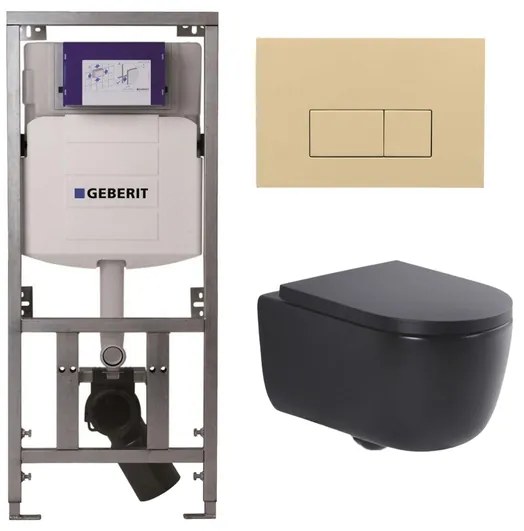 QeramiQ Dely Swirl Toiletset - 36.3x51.7cm - Geberit UP320 inbouwreservoir - met Burda frame - 35mm zitting - bedieningsplaat beige - rechthoekige knoppen - mat zwart 0701131/SW1102366/SW1000769/SW1026258