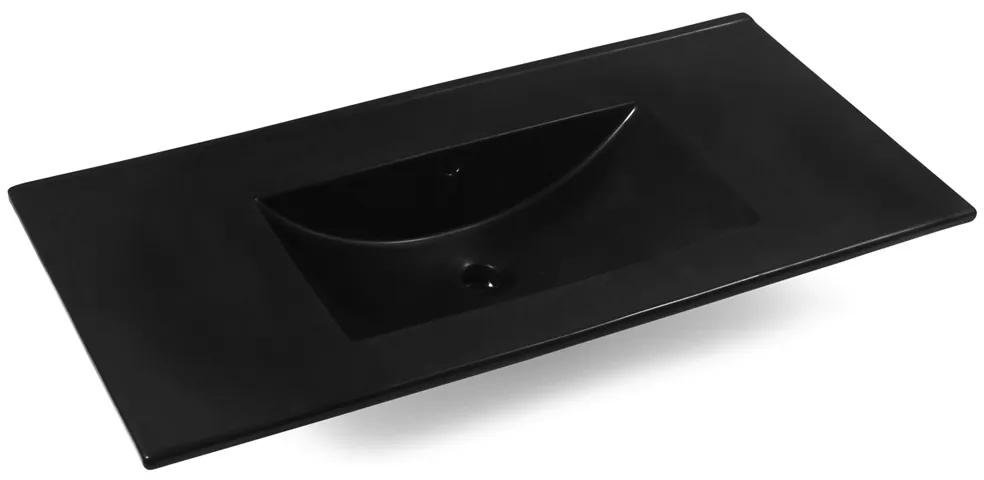Fontana Lento wit badkamermeubel ribbelfront met zwarte wastafel 100cm zonder kraangat en ronde spiegel
