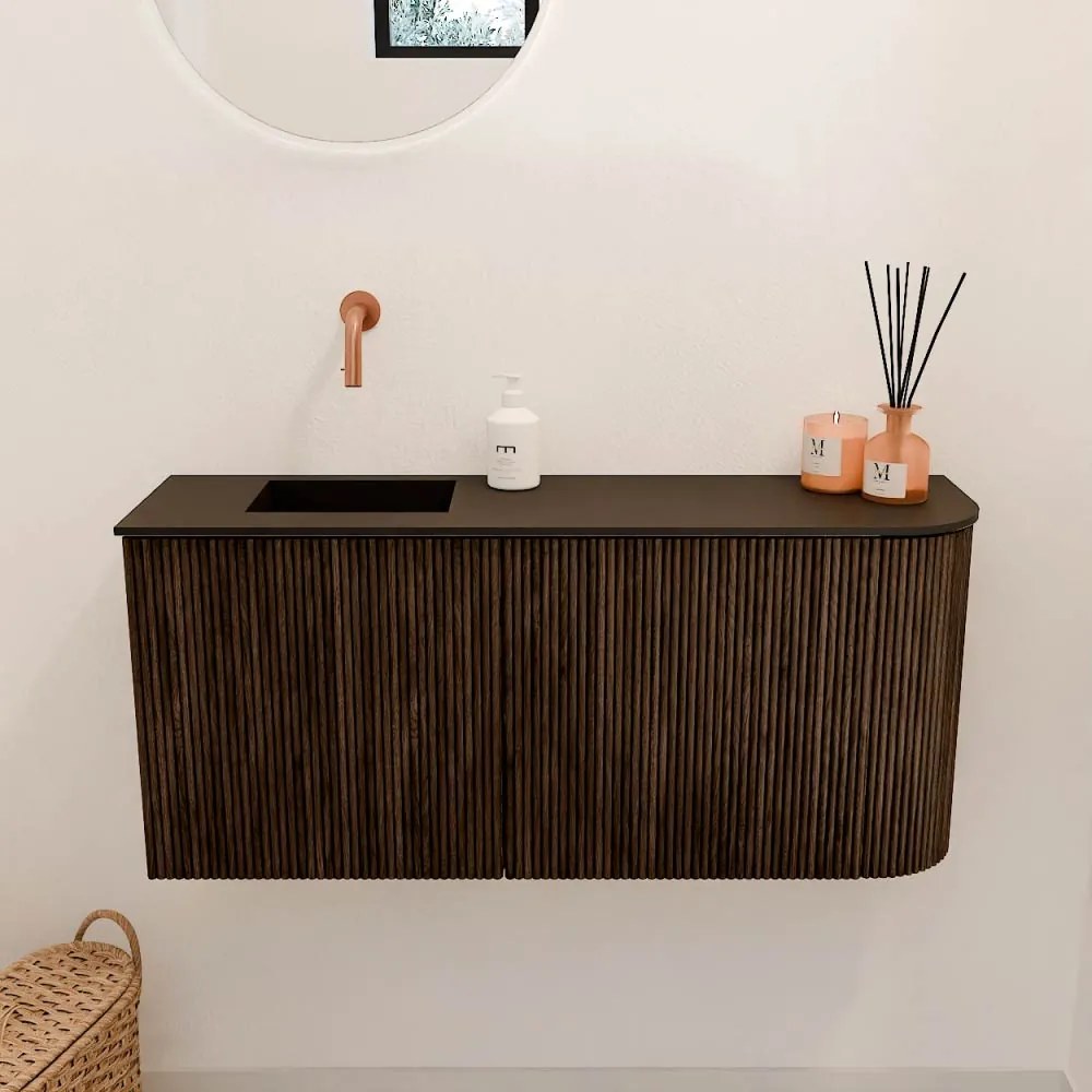 Mondiaz Joya 90cm toiletmeubel ronding rechts walnut met wastafel faye links zonder kraangat urban