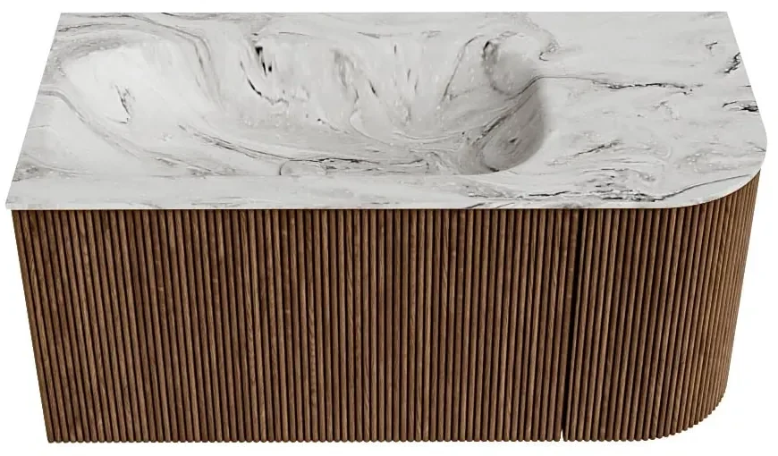 Mondiaz Kurve-dlux 95cm badmeubel ronding rechts walnut met 1 lade en deur en wastafel big small links zonder kraangat glace