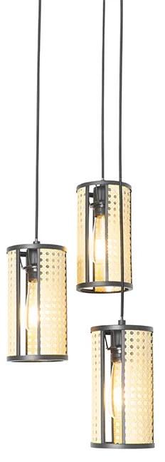 Oosterse hanglamp zwart met rotan 3-lichts rond - Akira