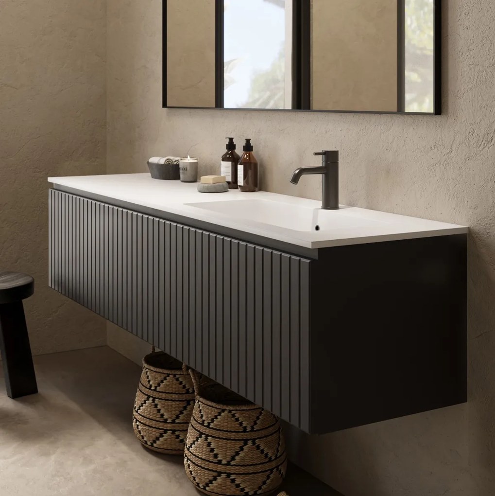 Fontana Astro badmeubel ribbelfront 160cm met wastafel rechts met kraangat zwart mat