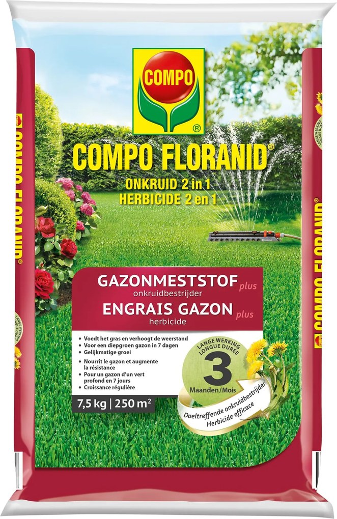 Compo gazonmeststof Plus Onkruidbestrijder 250m² - 7,5kg, 2-in-1 Oplossing voor een Gezond, Groen Gazon en Effectieve Onkruidbestrijding