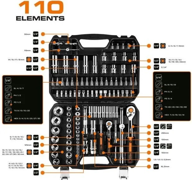 NEO Doppenset 1/4"-1/2"110 Delig 10-066