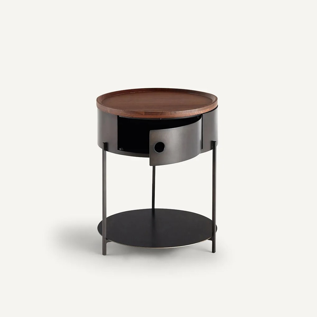 Nachtkastje van staalmetaal en massief notenhout, Talbingo