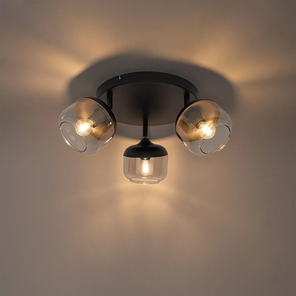 Design spot zwart met goud en smoke glas 3-lichts rond - Kyan