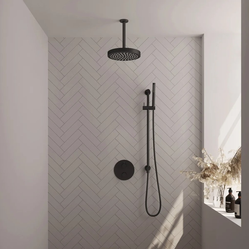 Brauer Stripe inbouw regendouche rond met 25cm hoofddouche, rond met plafondarm, glijstang en staafhanddouche set 45 zwart mat