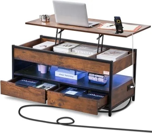 VEVOR salontafel met opklapbaar blad, 39,4 inch rechthoekige salontafel met extra opbergvakken, opvouwbare salontafel met stekkerdoos, USB en sfeerverlichting voor de woonkamer, bruin