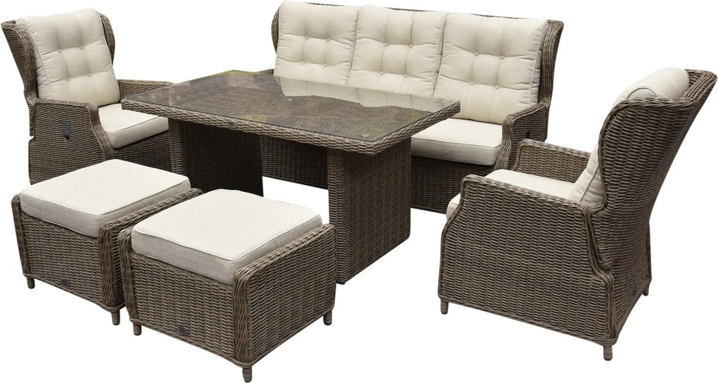 Ibiza stoel bank dining verstelbare loungeset 6 delig bruin wicker | naturel mixed weave kussen