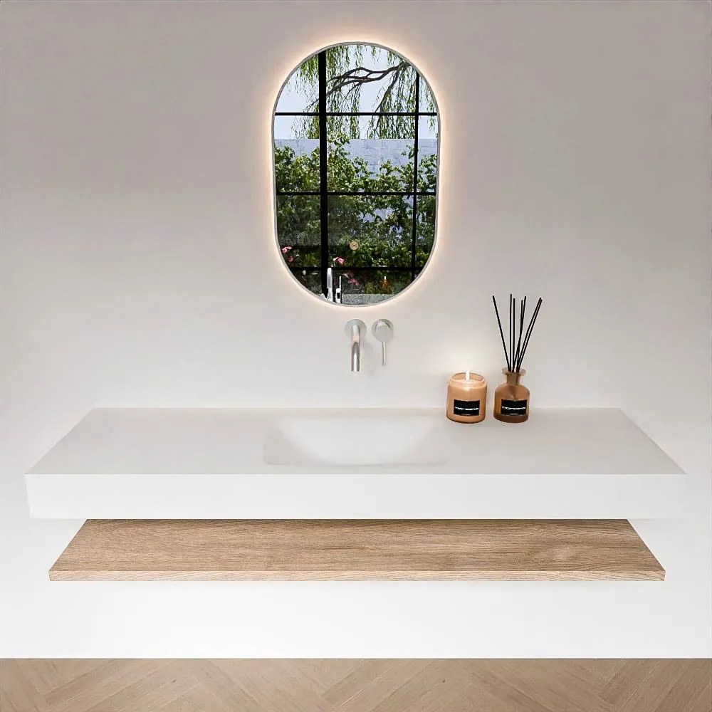 Zaro Alan badmeubel 160cm met planchet washed oak en vrijhangende wastafel cloud midden zonder kraangat talc