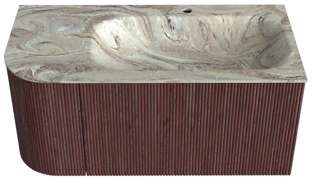 Mondiaz Kurve-dlux 95cm badmeubel ronding links ruby met 1 lade en deur en wastafel big small kraangat rechts glace