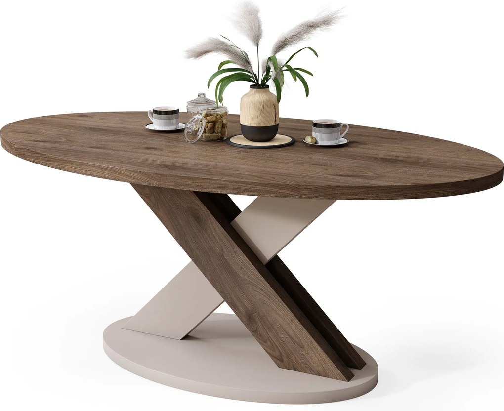 Mazzoni LOXA Walnoot Elegant / Taupe Beige - OVALE SALONTAFEL 120x65 cm