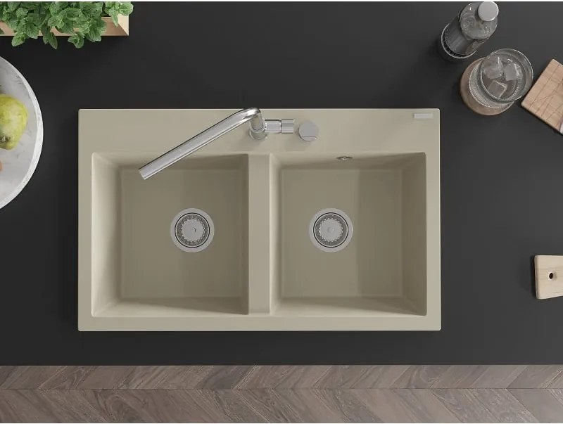 Mexen Hektor granieten gootsteen 2-kamerig 800 x 480 mm, beige, chrom sifon - 6521802000-69