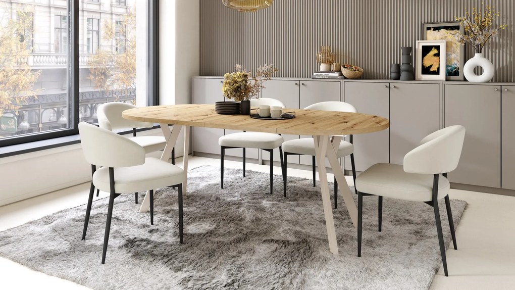 ALMO 100 Eiken Artisan/Beige poten - RONDE LOFT/INDUSTRIËLE TAFEL VOOR WOONKAMER/EETKAMER, UITSCHUIFBAAR