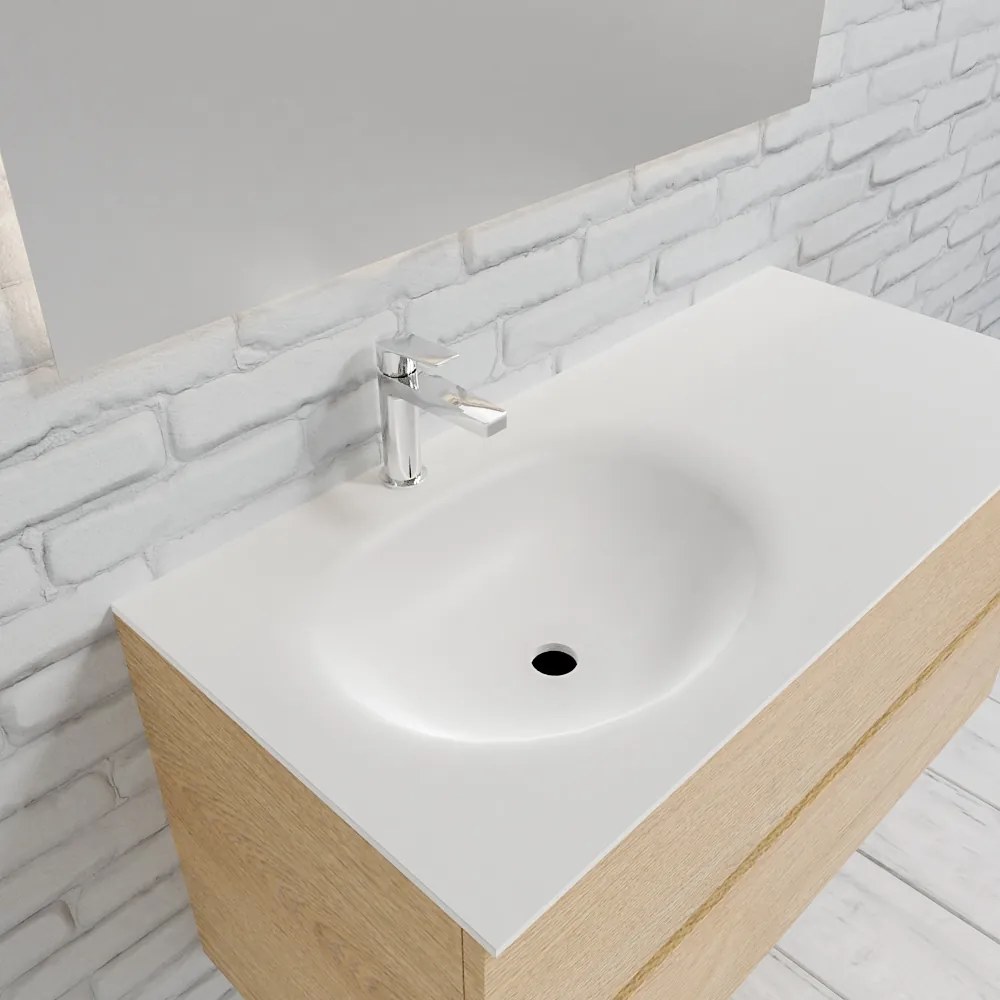 Zaro Sevilla Solid Surface badmeubel 100cm licht eiken 1 kraangat spoelbak links met 2 lades