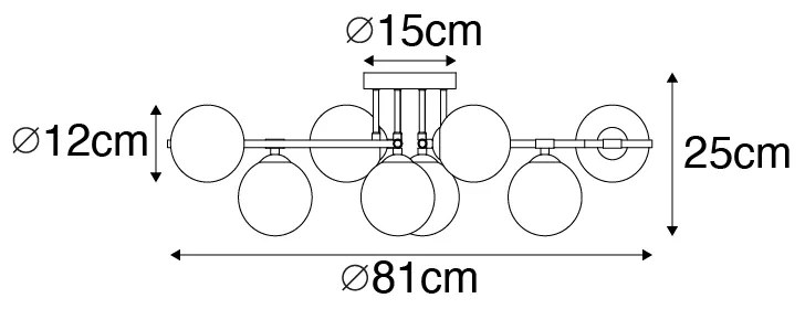 Plafondlamp zwart met goud en opaal glas 8-lichts - Lynn