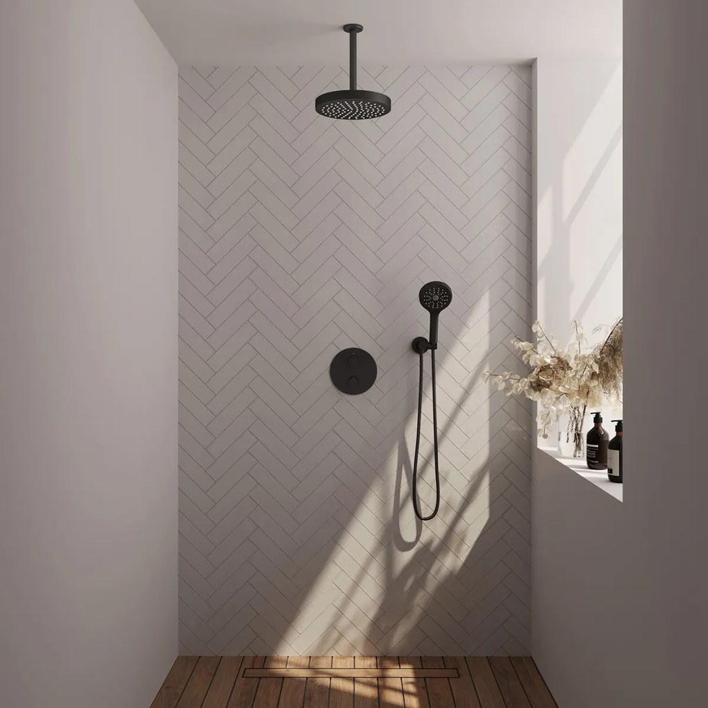 Brauer Stripe inbouw regendouche rond met 25cm hoofddouche, plafondarm en 3 standen handdouche set 42 zwart mat
