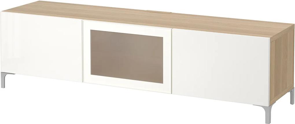 BESTÅ Tv-meubel met lades en deur wit gelazuurd eikeneffect/ hoogglans/wit frosted glas