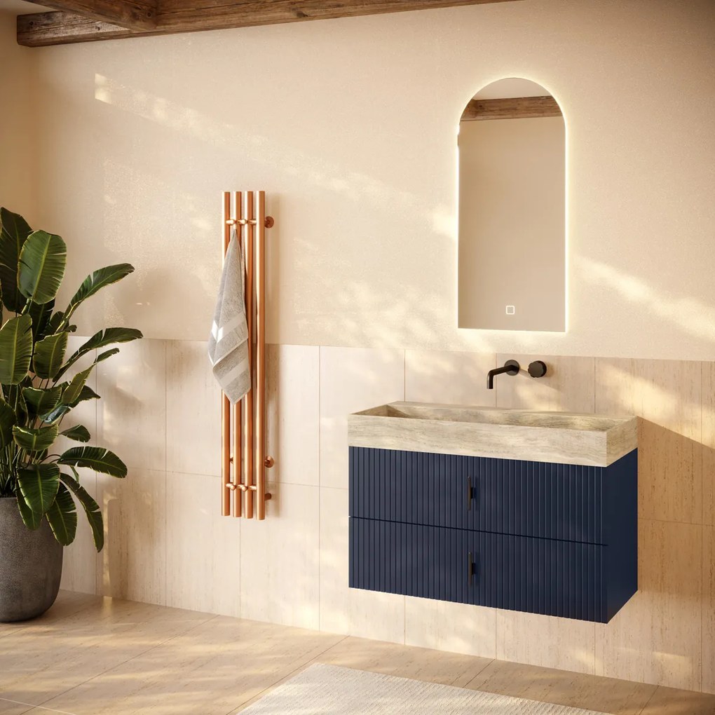 Muebles Murcia badmeubel ribbelfront 100cm marine blauw met White Travertin wastafel zonder kraangat