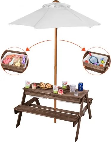 VEVOR Picknicktafel met afneembare parasol en 2 banken, strandtafel, tuinmeubilair van hout, patio-eetset voor 4 personen voor tuin, achtertuin en veranda (walnoot)