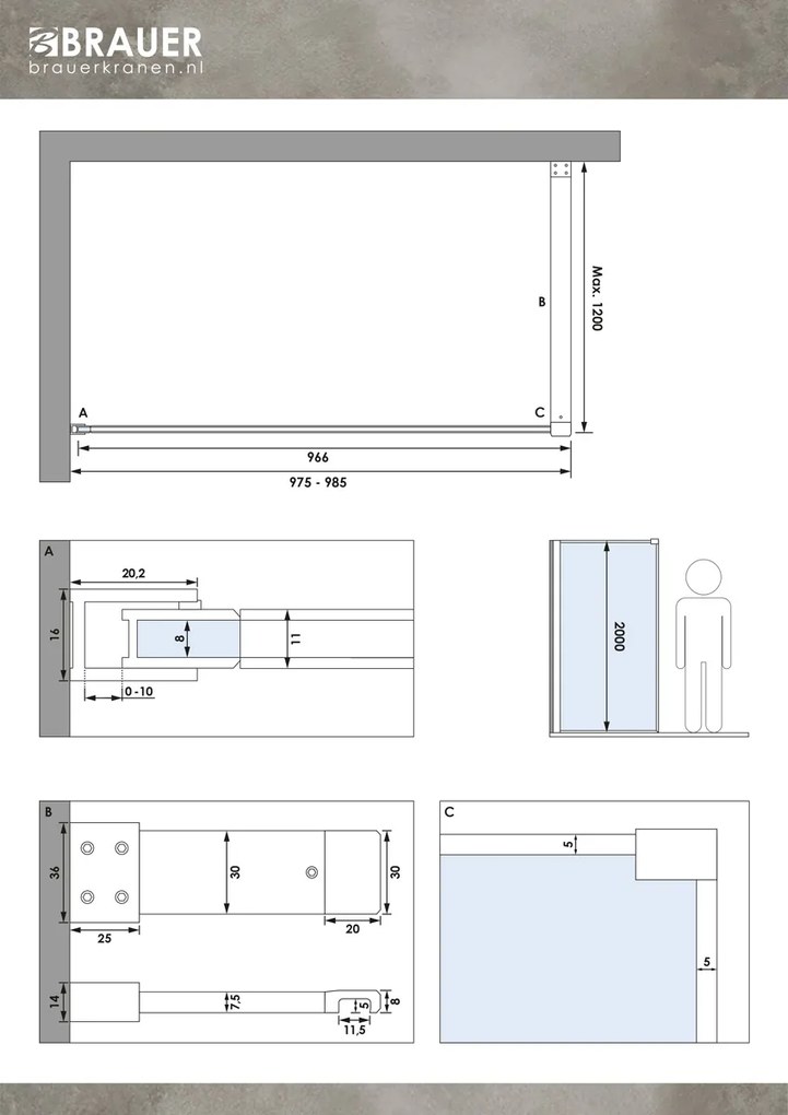 Brauer Brushed Frame inloopdouche helder glas 100x200 met muurprofiel en lijst rondom RVS-kleurig geborsteld