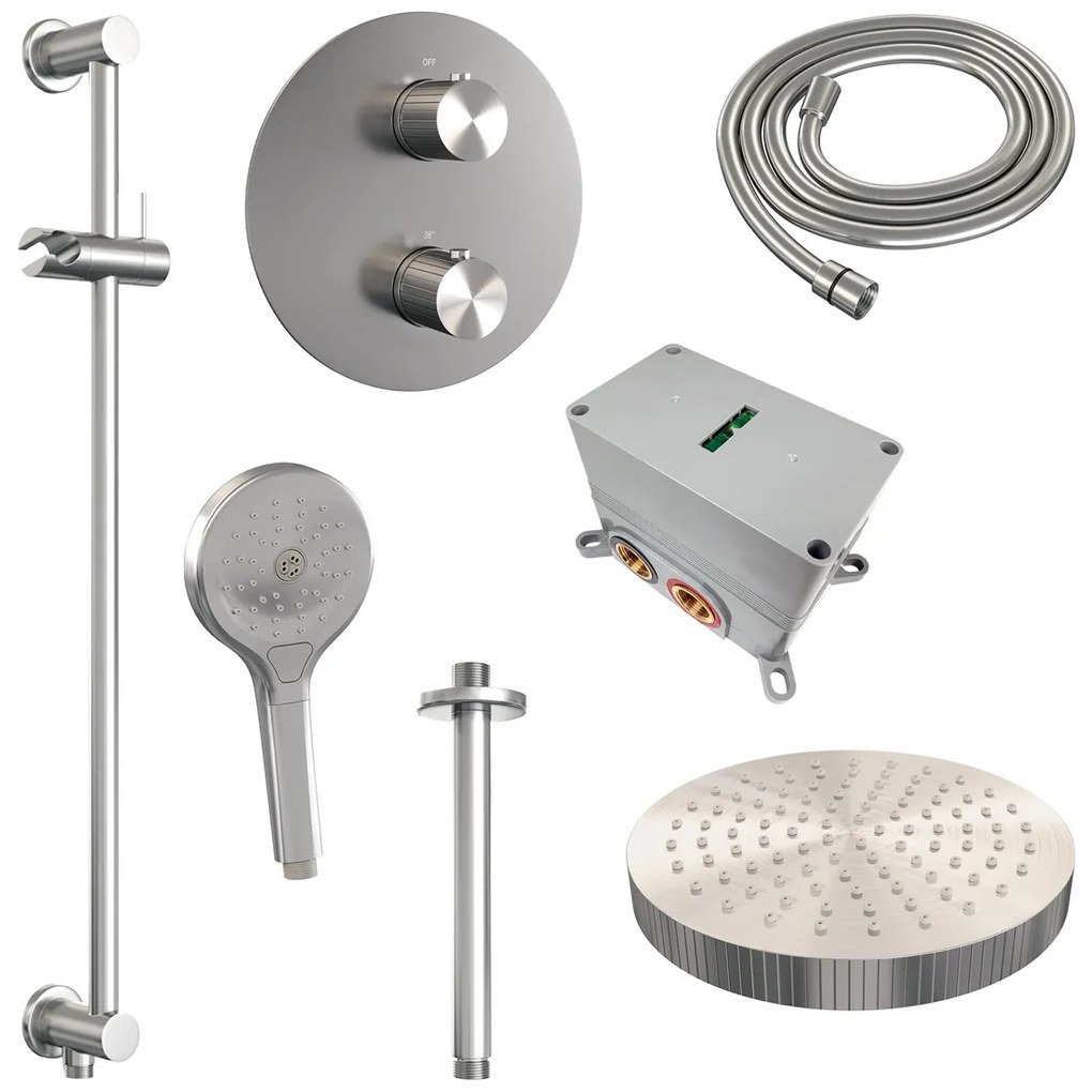 Brauer Stripe inbouw regendouche rond met 25cm hoofddouche, rond met plafondarm, glijstang en 3 standen handdouche set 48 RVS geborsteld PVD