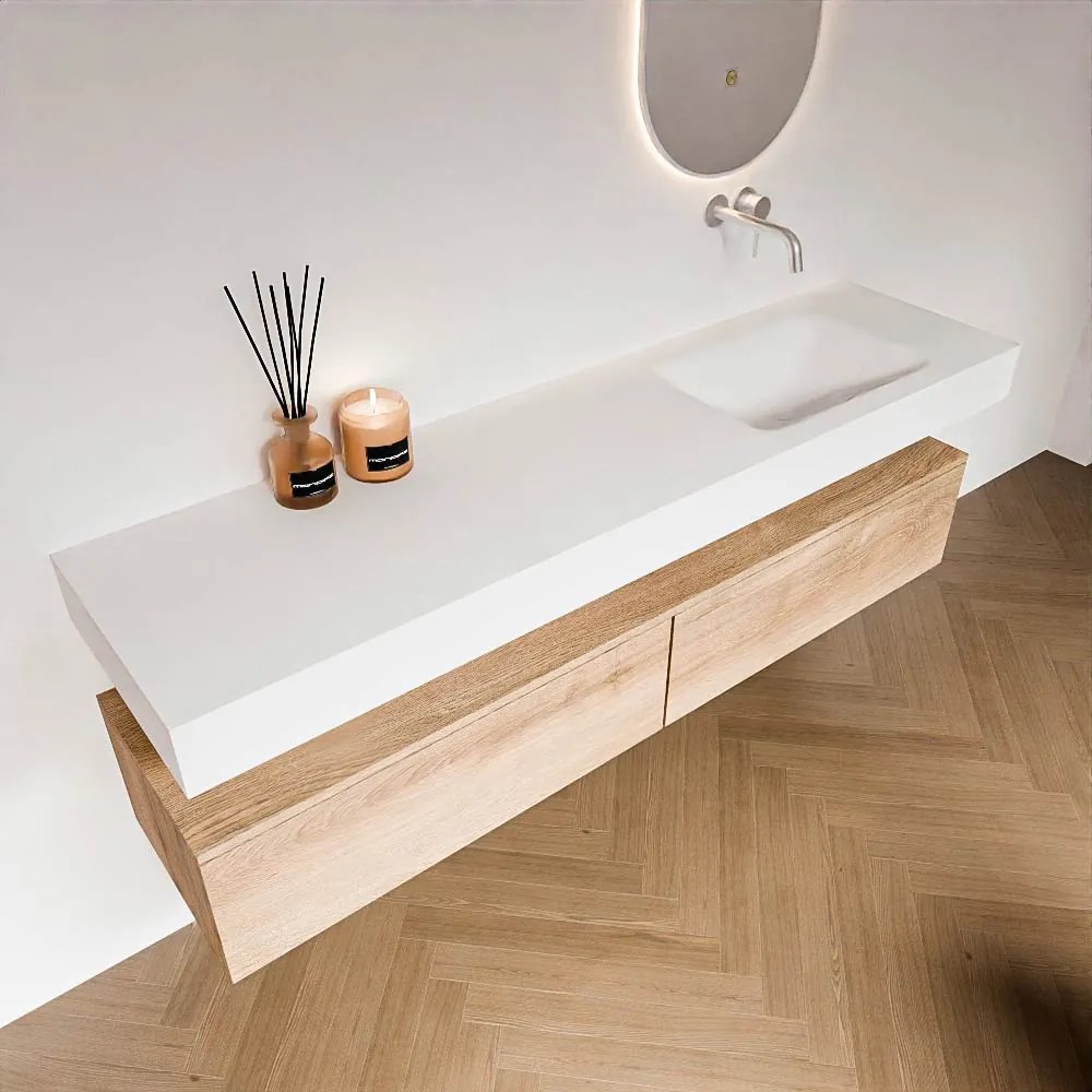 Zaro Alan badmeubel 180cm washed oak 2 lades met vrijhangende wastafel cloud rechts zonder kraangat talc