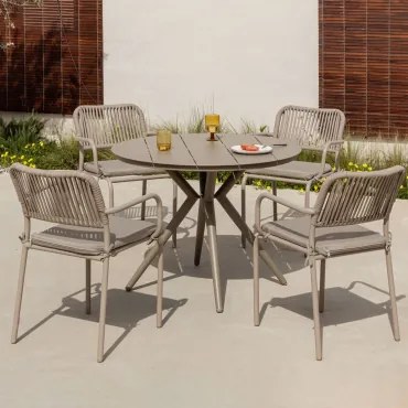 Set Van 100 Cm Ronde Valerie Tafel En 4 Stapelbare Tuinstoelen Met Armleuningen In Arhiza Aluminium Bruin - Mokka - Sklum