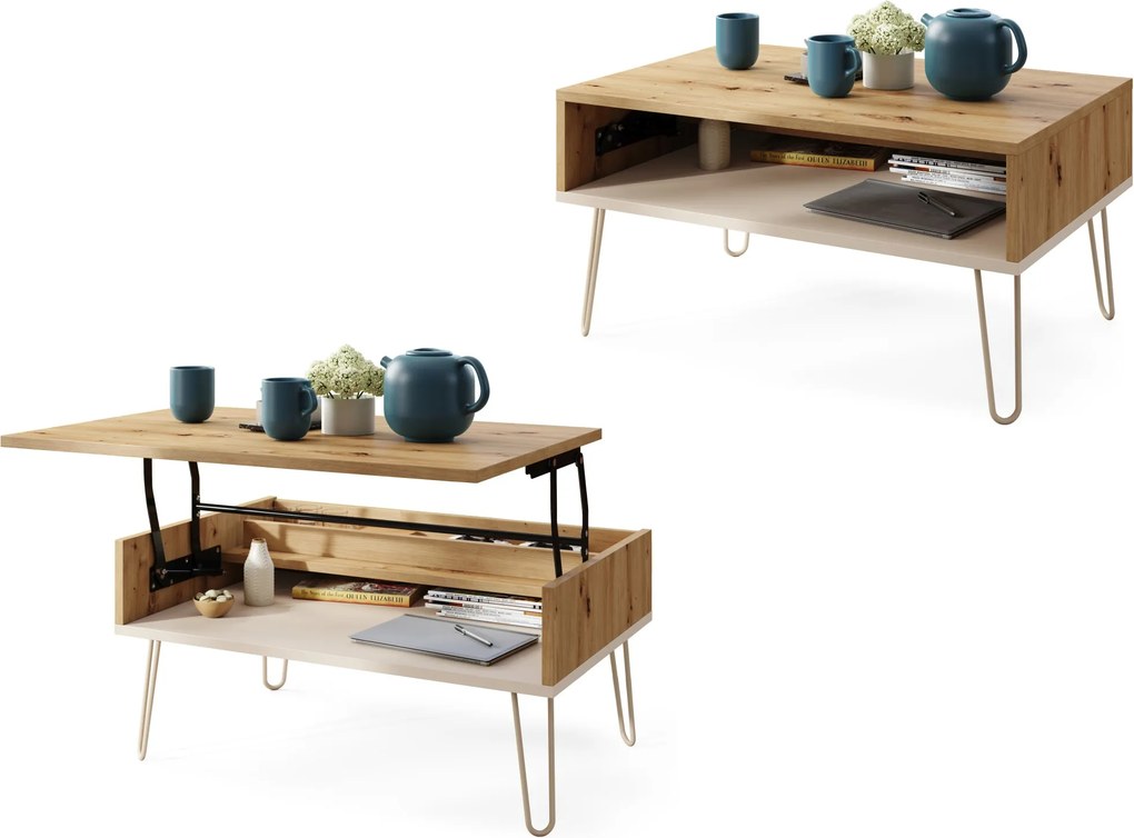 HAIRPIN S-90 Eik Artisan/Beige (Champagne) - MODERNE SALONTAFEL MET OPKLAPBAAR BLAD + OPBERGRUIMTE + PLANK