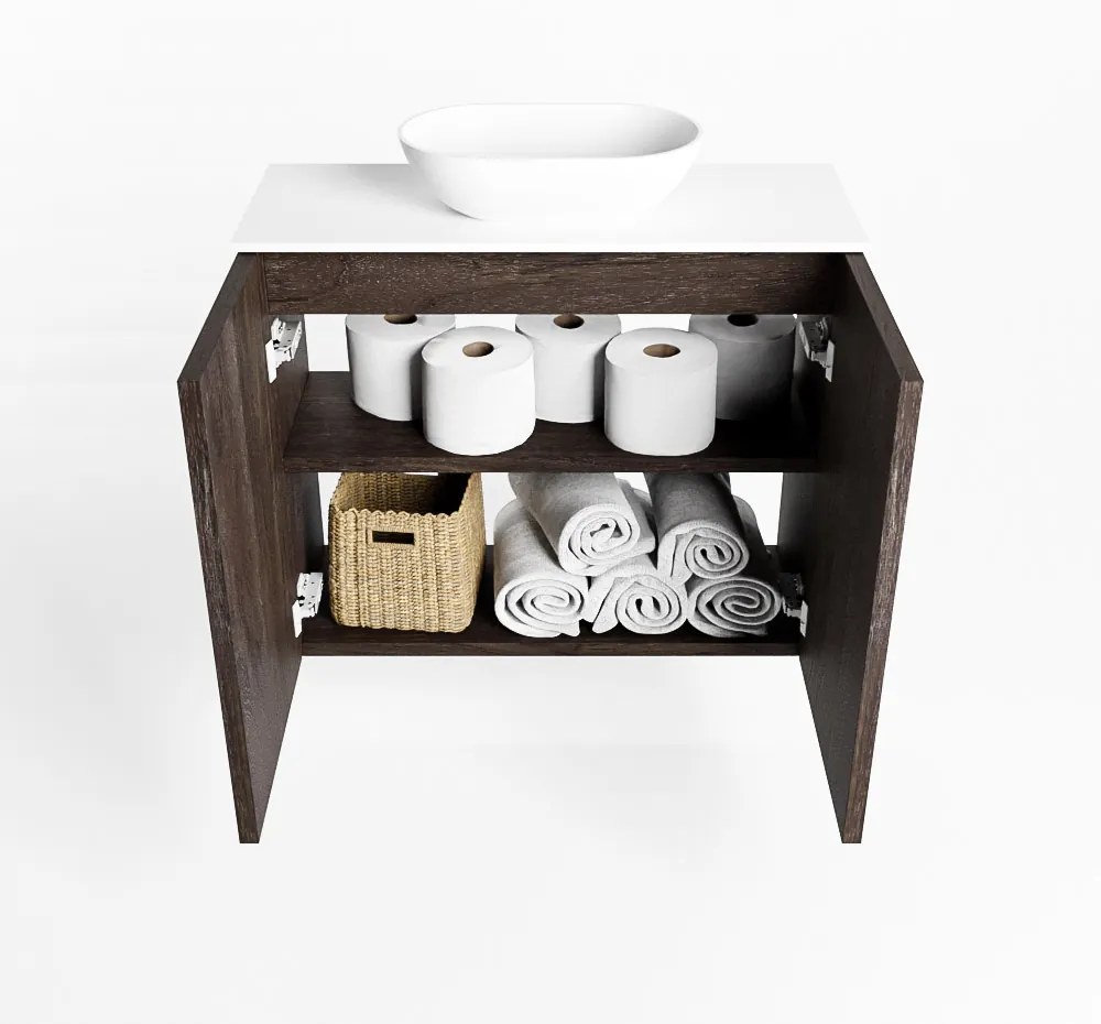 Mondiaz Fowy toiletmeubel 60cm dark brown met witte waskom midden zonder kraangat