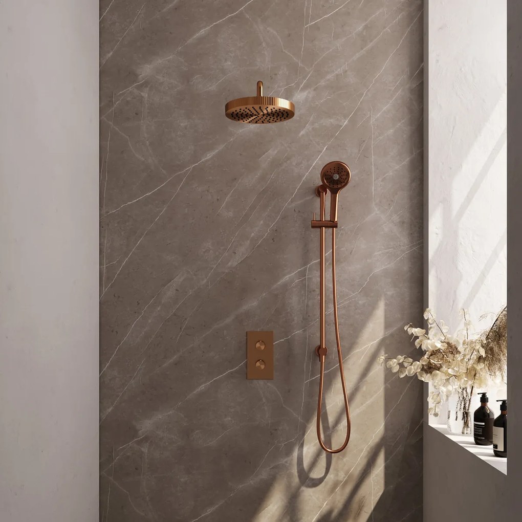 Brauer Stripe inbouw regendouche met 25cm hoofddouche, met gebogen muurarm, glijstang en 3 standen handdouche set 23 koper geborsteld PVD