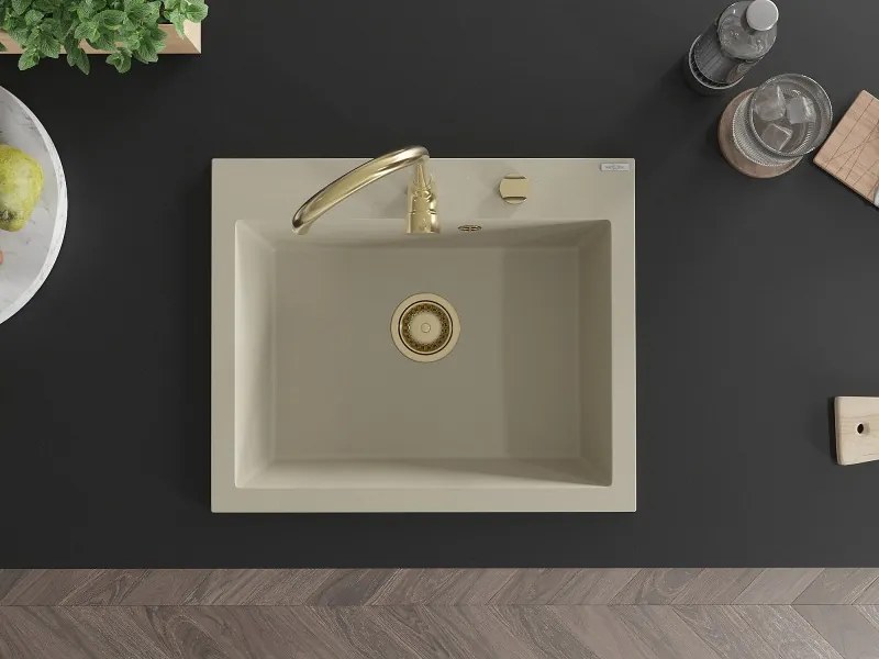 Mexen Elix granieten spoelbak 1-komers 600 x 500 mm, beige, gouden sifon - 6525601005-69-G