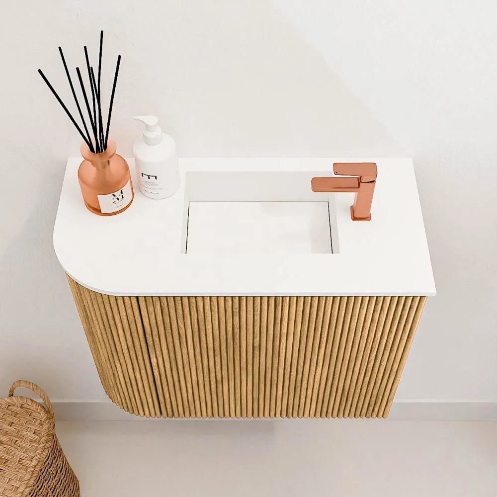 Mondiaz Joya 50cm toiletmeubel ronding links oak met wastafel faye rechts 1 kraangat talc