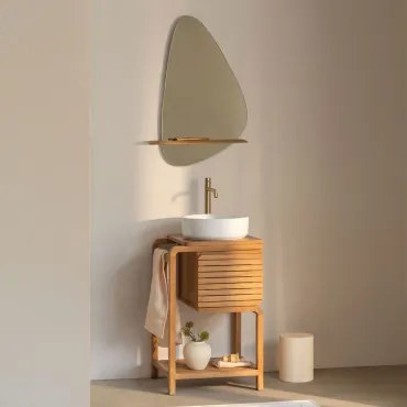 Bradley Teakhouten Badkamermeubelset Rond Keramiek Wit Ø40 Cm Lenka & Onregelmatig Met Houten Plank 55x85 Cm Kai & Geborsteld Goud - Sklum