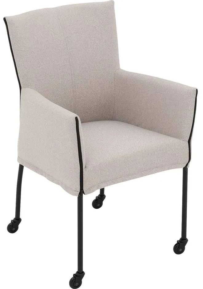 Goossens Eetkamerstoel Funk Zwarte Poten wit stof met armleuning en met wielenZwart skater wiel met zwarte kap, modern design