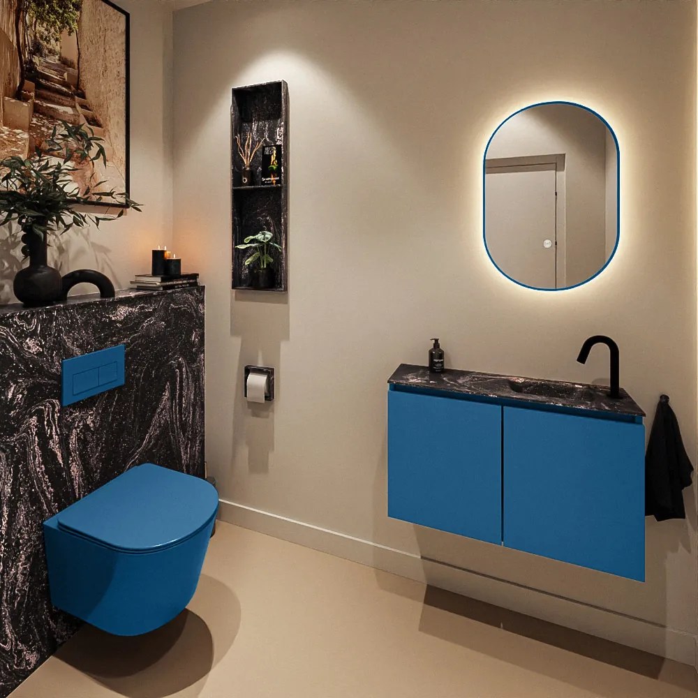 Mondiaz Ture DLux toiletmeubel 80cm jeans met wastafel lava rechts met kraangat