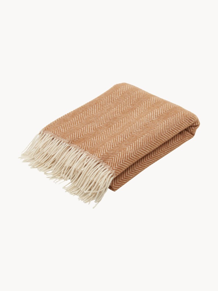 Wollen plaid Tyrol met visgraatpatroon en franjes