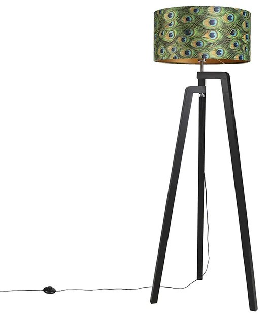 Vloerlamp tripod zwart met kap pauw dessin 50 cm - Puros