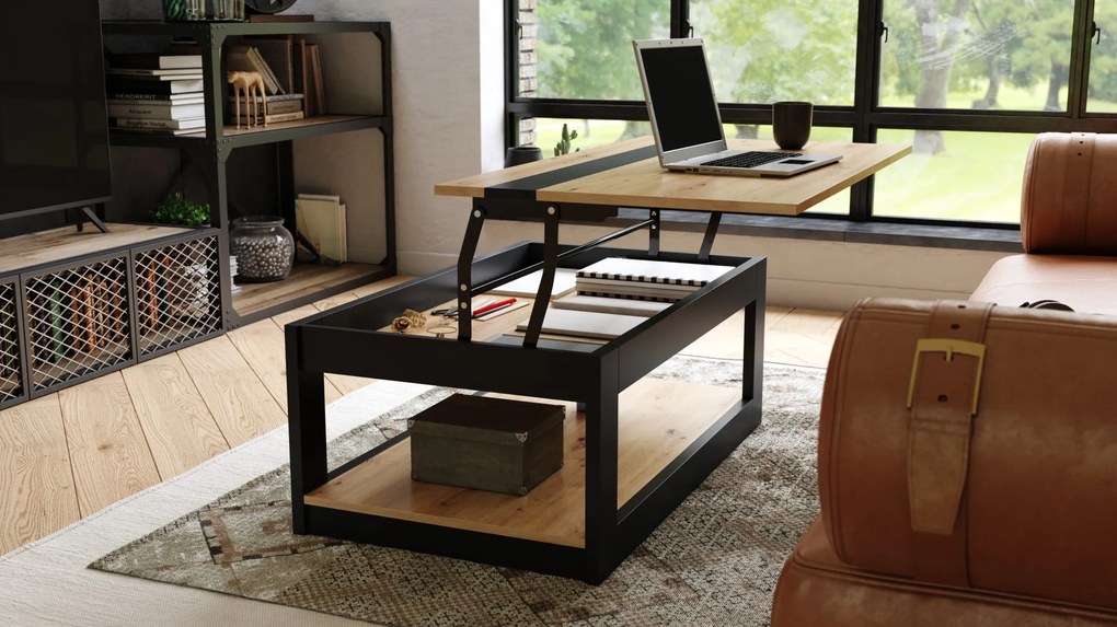 LUSSO Artisan Eik/Zwart mat - MODERNE SALONTAFEL MET VERHOOGD BLAD + OPBERGRUIMTE + SCHAP (OP WIELEN!)