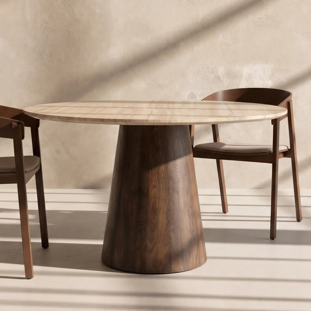 Eleonora Aikin Ronde Eettafel Travertin En Mangohout - 130 X 130cm.