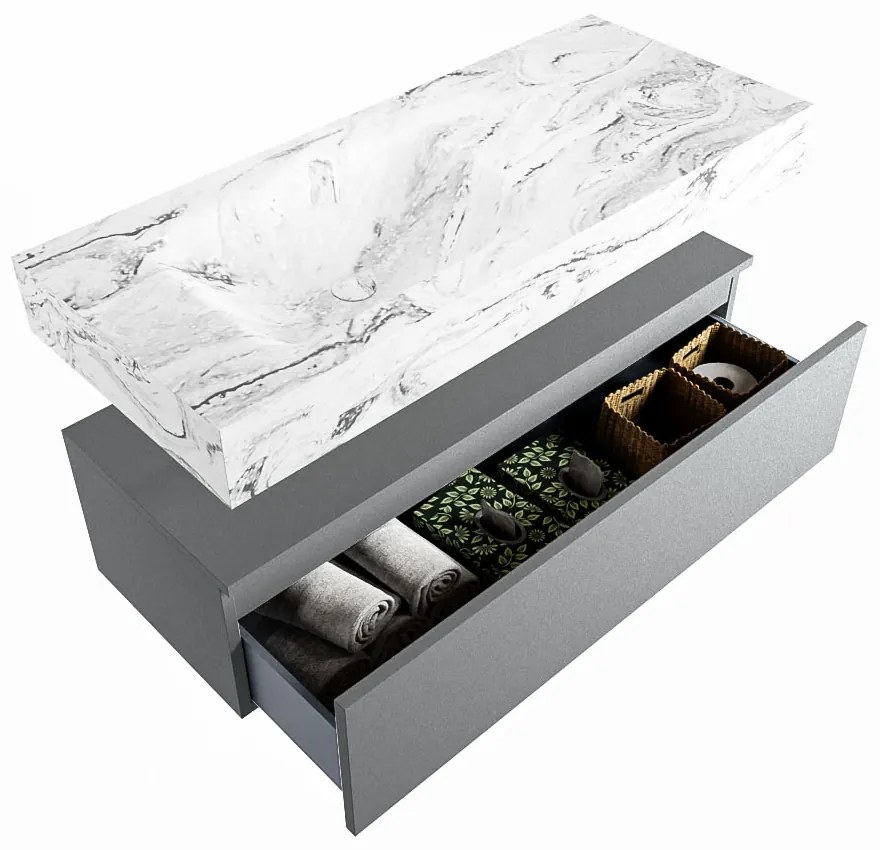 Mondiaz Alan DLux badmeubel 110cm plata 1 lade met wastafel glace links zonder kraangat