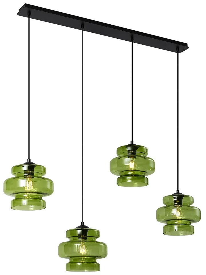 Retro hanglamp zwart met groen glas 4-lichts - Denise