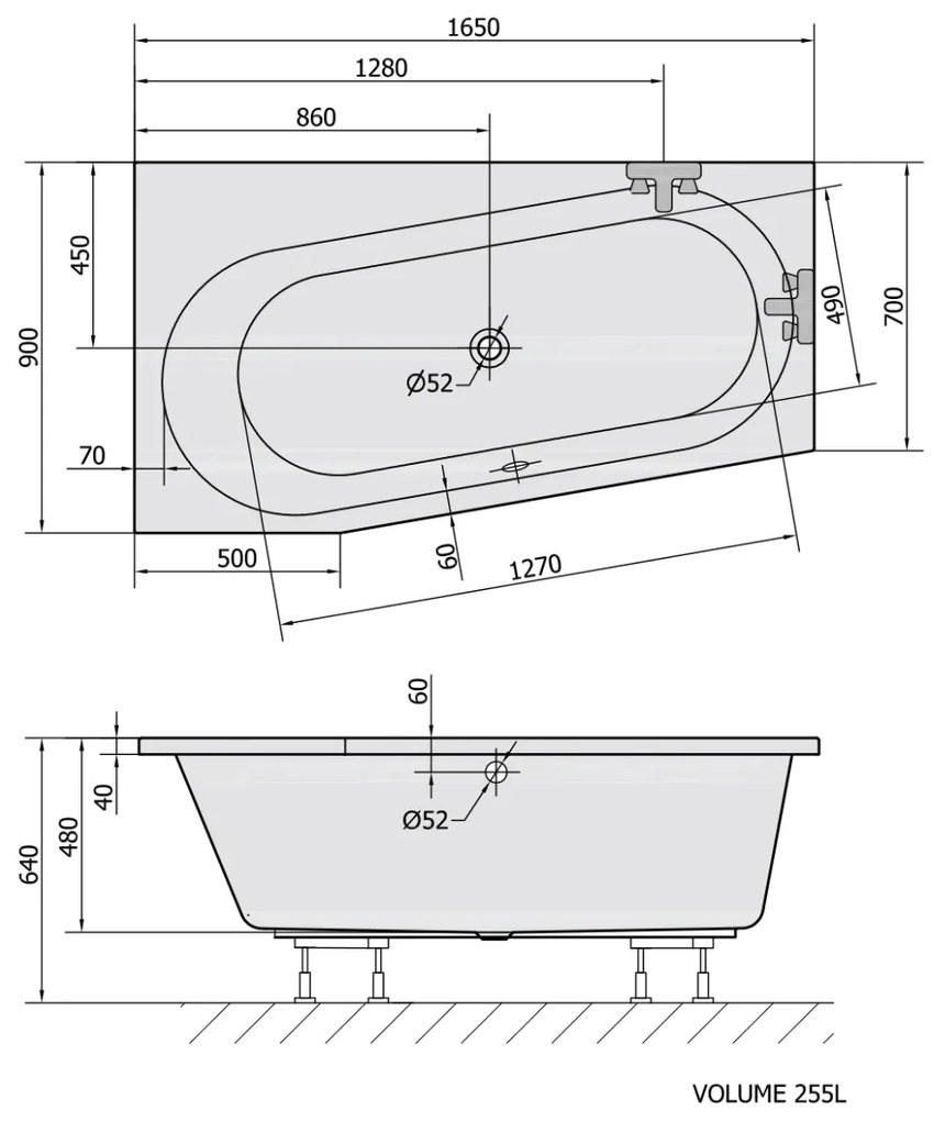 Polysan Astra asymmetrisch bad links schuin 165x80x48cm wit