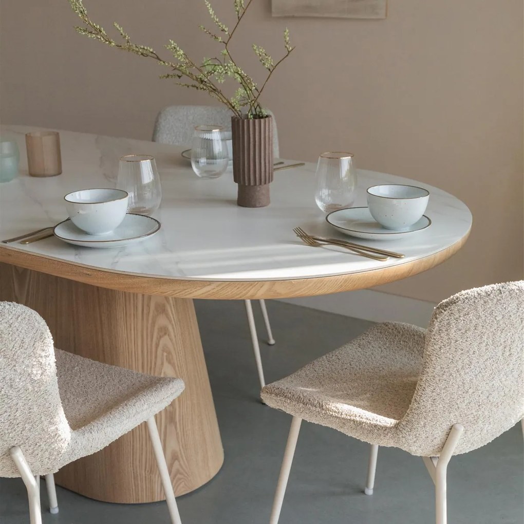 Ovale Eettafel Walnoot En Wit Marmer - 200 X 90cm.