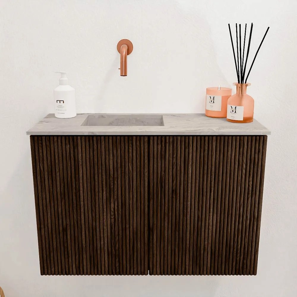 Mondiaz Joya DLux 60cm toiletmeubel walnut met wastafel faye links zonder kraangat glace
