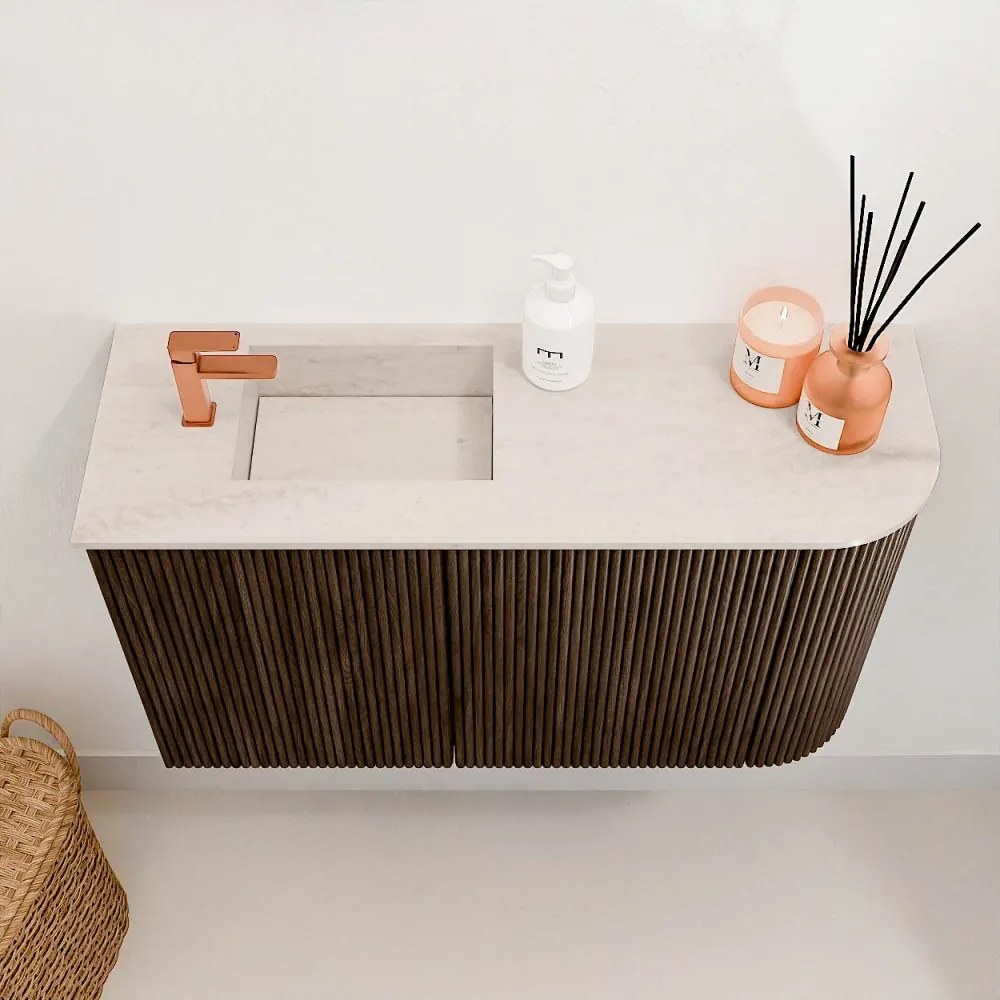 Mondiaz Joya DLux 70cm toiletmeubel ronding rechts walnut met wastafel faye links 1 kraangat meli